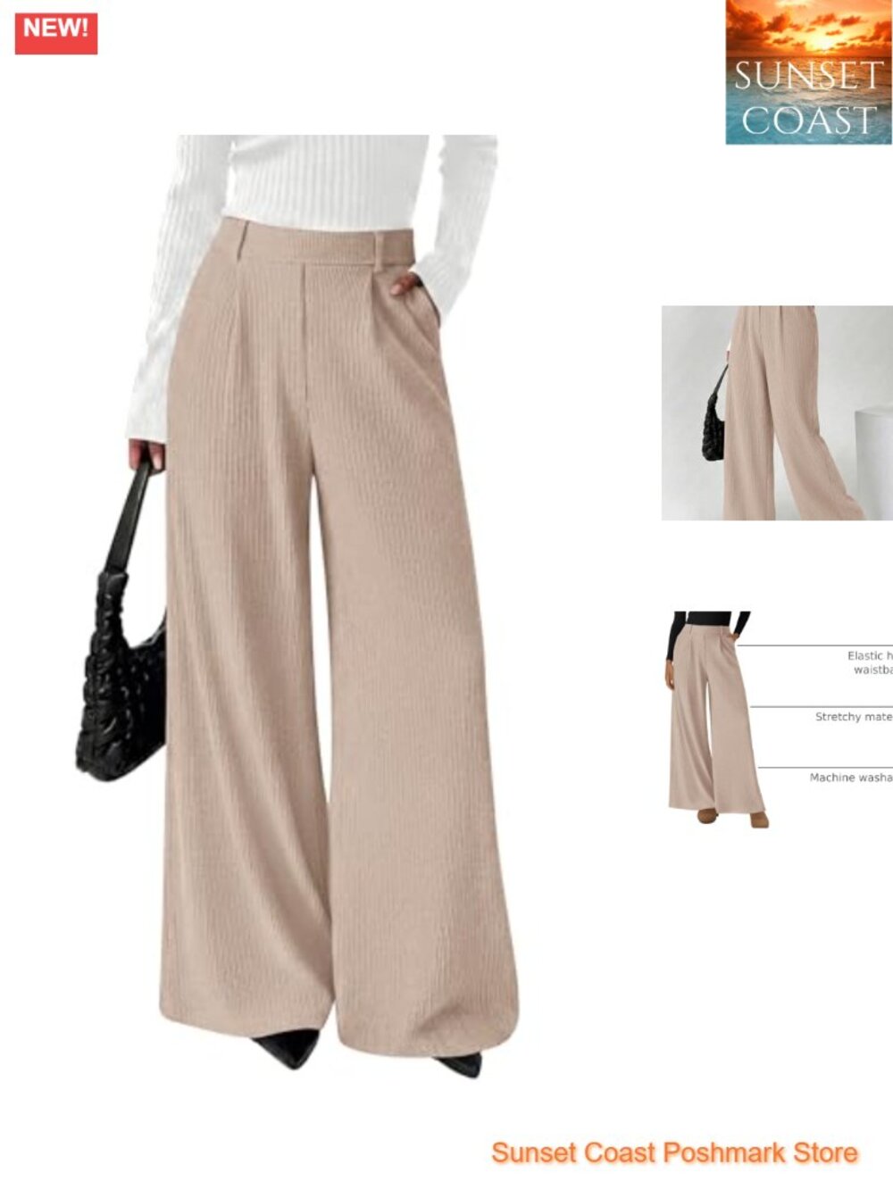 Wide Leg Ribbed High Waisted Pleated Palazzo Pants with Pockets